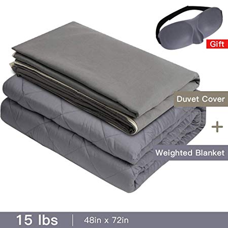 Admitrack Weighted Blanket & Removable Cover Heavy Blanket 100% Cotton Material with Glass Beads for Kids & Adult (Grey Blanket -Cover, 48''x72'',15lbs)