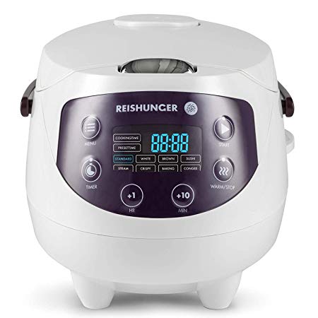 Reishunger Digital Mini Rice Cooker (0.6 l / 350 W / 220 V) Multi-Cooker with 8 programmes, White, 7-Phase Technology, Premium Inner Pot, Timer and Keep Warm Function - Rice for up to 3 People