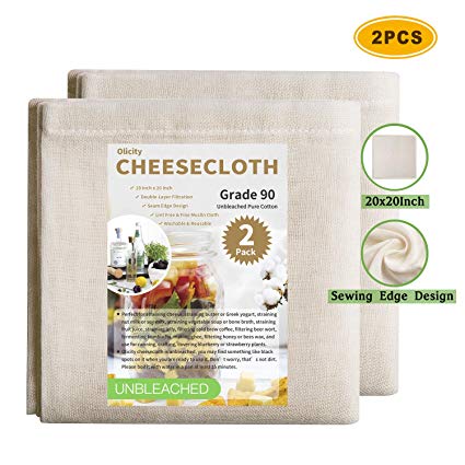Olicity Cheesecloth, 20 x 20 Inch, Grade 90, 100% Unbleached Pure Cotton Muslin Cloth for Straining, Ultra Fine Reusable Cheese Cloth Fabric Filter Strainer for Cooking, Nut Milk Straining (2 Pieces)