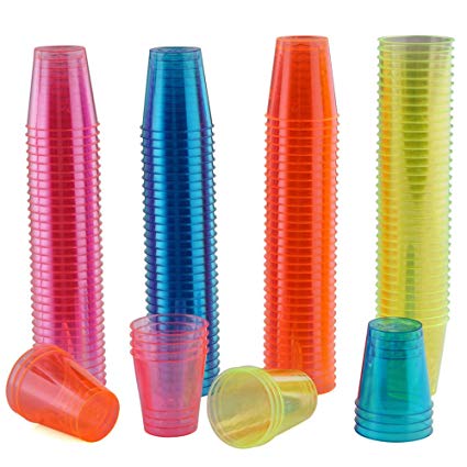 Pack of 150 Colourful Disposable Neon Party Shot Glasses, 30ml - Reusable, Strong Polystyrene Plastic - Glow in The Dark - Perfect for All Types of Parties, Events & Celebrations
