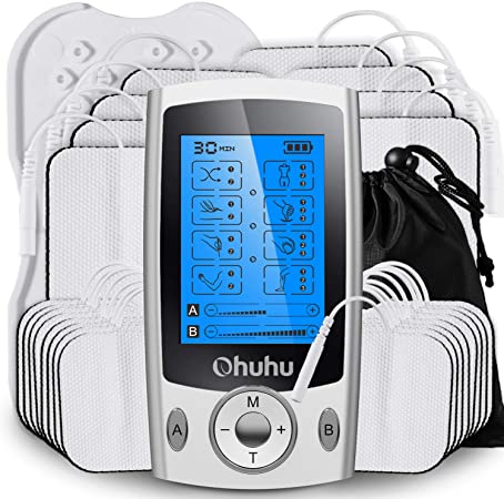 Upgraded Independent Dual Channel TENS EMS Unit of Ohuhu, 20 Massage Modes Rechargeable Muscle Stimulator for Pain Relief Therapy, Electronic Pulse Massager with 8 Pairs 2" and 4 Pairs 2"x 4" Pads