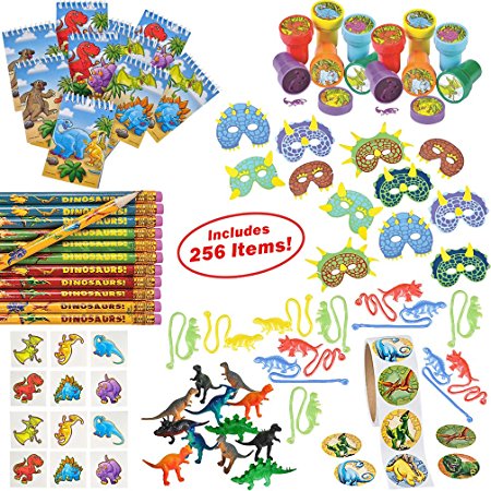 Dinosaur Party Supplies for Boys Girls 328 Piece | Dinosaur Birthday Decorations and Kids Party Favors for 12 Children | Toys, Stickers, Figures, Masks, Tattoos, Stampers | Mr. E=mc² Birthday Supplies
