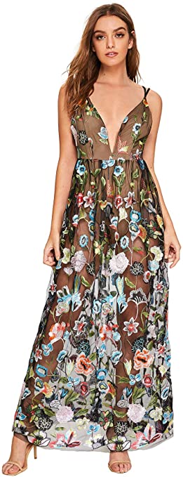 DIDK Women's Embroidered Mesh Overlay Bodysuit Maxi Dress