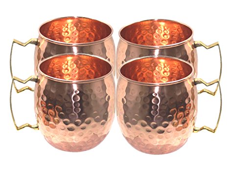 STREET CRAFT Set of-4,100% Authentic Hammered Copper Moscow Mule Mug Handmade of 100% Pure Copper, Brass Handle Hammered Moscow Mule Mug / Cup, Capacity-16 Ounce.