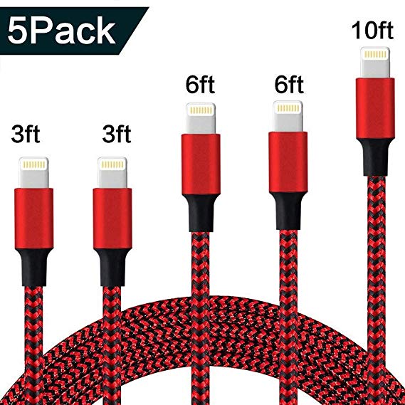 iPhone Charger, 5 Pack(3/3/6/6/10 FT) Lightning Charging Cable,Multi Safety Defense,Nylon Braided,Ultra Durable,Compatible iPhone X 8 7 Plus 6S 6 SE 5S 5C 5/iPad More-Black&Red