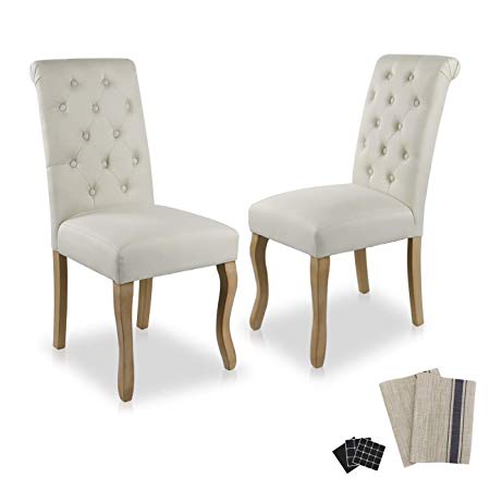 Dinner Chairs Upholstered Accent Fabric Dining Chair Solid Wood Legs Kitchen Living Room Set of 2 (Beige 01)