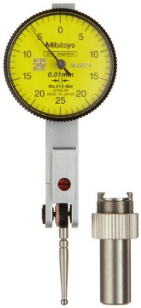 Mitutoyo 513-466E Dial Test Indicator, Basic Set, Horizontal Type, 8mm Stem Dia., Yellow Dial, 0-25-0 Reading, 40mm Dial Dia., 0-0.5mm Range, 0.01mm Graduation,  /-0.005mm Accuracy