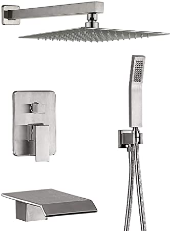 DMDMBATH Shower System Brushed Nickel Shower Faucet Set 3-Function Bathroom Shower Fixtures with Waterfall Tub Spout Wall Mount 10 inch Rain Shower Head (Brushed Nickel)…