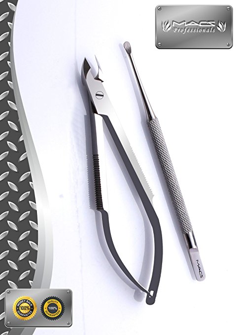 CUTICLE NIPPER & PUSHER SET-With Auto Spring Action -Half Jaw Professional Stainless Steel With BONUS Of Cuticle Pusher By Macs