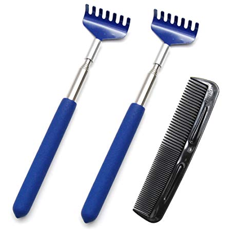 Favorict - Ultimate Telescopic Stainless Steel Extendable Back Scratcher (Pack 2, Blue) included Favorict 5" Pocket Comb