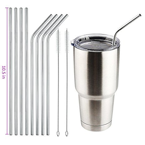 Stainless Steel Straws, GABONE Reusable Ultra Long 10.5 inch Metal Drinking Straws Fits all 20 30oz Cups Yeti Ozark Trail Rtic Tumblers   2 Cleaning Brush (10.5in - set of 8)