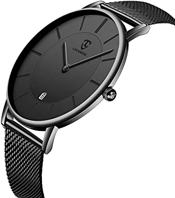 Mens Watches Ultra Thin Simple Casual Fashion Analog Quartz Date Display Waterproof Wrist Watch Stainless Steel Mesh Band Black