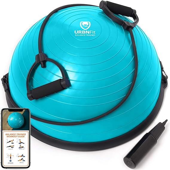 URBNFit Half Balance Ball - Yoga Ball Balance Trainer for Core Stability & Full Body Workout at Home or Gym - Resistance Bands, Pump and Exercise Guide Included