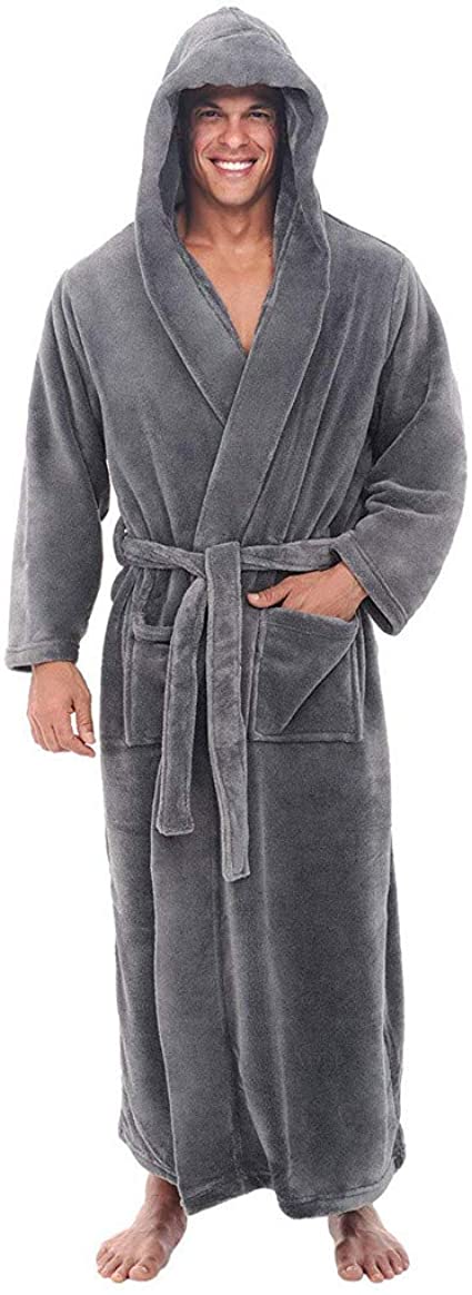 iLXHD Winter Clearance! Mens Fleece Solid Colored Robe, Long Hooded Bathrobe