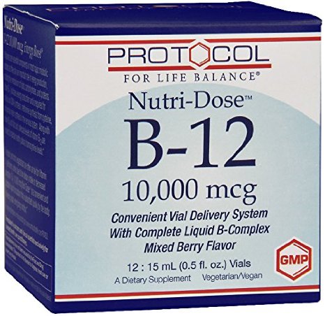 Protocol For Life Balance - Nutri-Dose B-12 10,000 mcg - Convenient Vial Delivery System with Complete Liquid B-Complex - Mixed Berry Flavor - 12 : 15 mL (0.5 fl. oz.) Vials