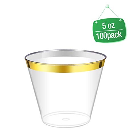 5oz Gold Rimmed Clear Cups/ 100 Count Clear Disposable Plastic Cups/Old Fashioned Tumblers/Elegant Disposable Wedding Cups/Fancy Plastic Party Cups