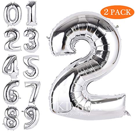 KIMIOX Number Balloons, 2 Pcs 40 Inch Birthday Number Balloon Party Decorations Supplies Helium Foil Mylar Digital Balloons (Silver Number 2)