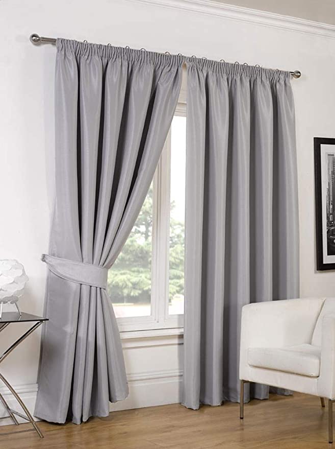 RAYYAN LINEN Thermal Pencil Pleat Blackout Tape Top Pair of Curtains With Free Tiebacks (66" X 72", Silver)