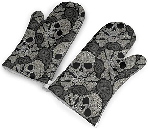 Sugar Skull Flowers Rose Daisy Kitchen Oven Mitts, Cotton Long Microwave Oven Gloves, Extreme Heat Resistant 572 Degrees Nonslip Gloves for Potholders Cooking, BBQ, Frying, Baking (1 Pair)