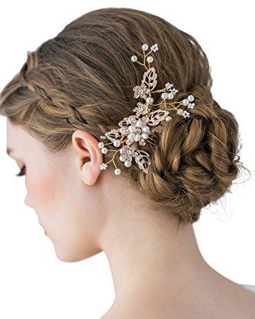 SWEETV Handmade Wedding Hair Comb Clip Pearl Hairpin Rhinestone Combs Bridal Hair Accessories, Gold