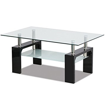 Gracelove Glass Coffee Table Shelf Chrome Base Living Room Furniture (Rectangular, Black)
