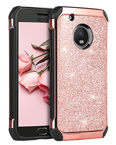 Moto G5 Case, MOTO G5 Cover, BENTOBEN Shockproof Sparkly Glitter Bling Dual Layer Hybrid Hard PC Laminated with Faux Leather TPU Bumper Chrome Protective Case for Moto G5 (2017), Rose Gold