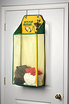 Over The Door Hanging Kids Fun LED Football Light-Up Collapsible Mesh Construction Laundry Hamper Basket, Toy Chest, Heavy Duty Metal Hooks Included. Patent Pending