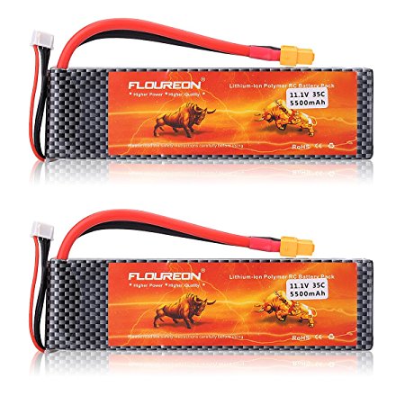 FLOUREON 2Packs 3S 11.1V 5500mAh 35C Lipo Battery Pack with XT60 Plug for RC Quadcopter Airplane Helicopter Car Truck Boat Hobby (XT60 Plug)