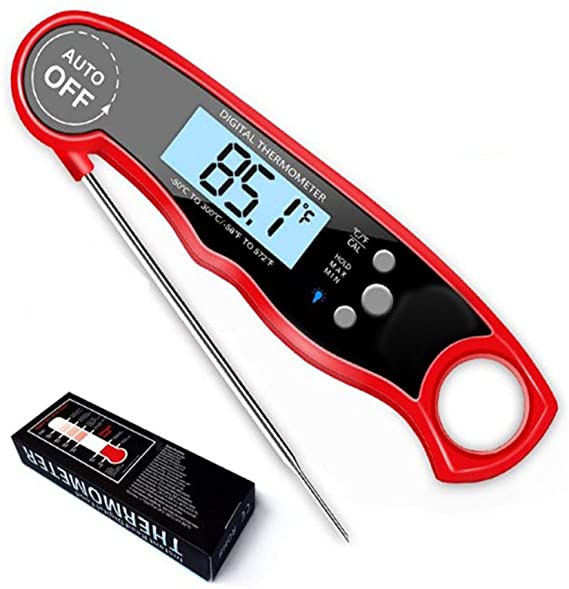 YSBER Digital Instant Read Meat Thermometer - Waterproof Kitchen Food Cooking Thermometer - Large Backlit LCD Calibration and Backlight Functions Thermometer for BBQ. Meat. Tea. Milk. Soup (Red)