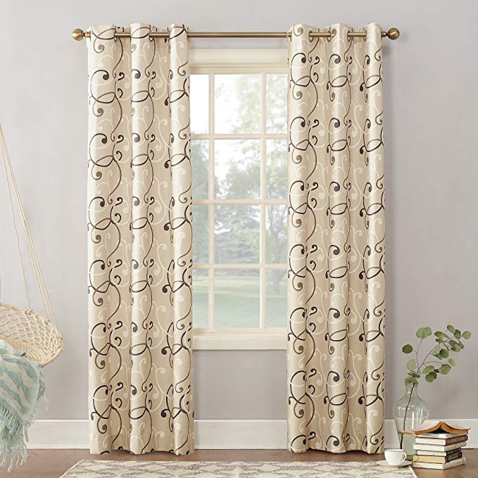 Sun Zero Brice Scroll Print Thermal Insulated Energy Efficient Grommet Curtain Panel, 40" x 63", Natural