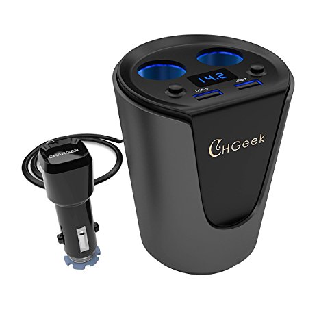 Car Cup Charger, CHGeek USB Car Charger 12V/24V Multi Function Car Power Adapter with Dual USB Ports 3.1A   2-Socket Cigarette Lighter Splitter for iPhone iPad, Android Samsung, GPS, Dashcam - Black