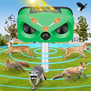 Solar Animal Repeller Outdoor, 2023 Newest Ultrasonic Animal Repeller with LED Flashing Light, Cat Repellent Devices to Repel Cat, Dog, Raccoon, Fox, Skunk, Snake,Rabbit,Deer, Squirrel, Bird for Yard