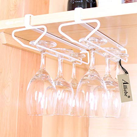 Alliebe Stemware Wine Glass Cup Rack Hanger Holder Under Cabinet Shelf Storage Without Drilling for Kitchen Set of 2