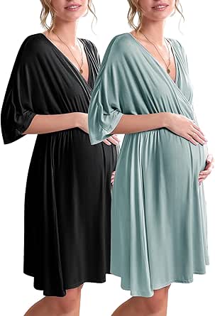 Ekouaer 3 in 1 Labor/Delivery/Hospital Gown 2 Pack Maternity Dress Nursing Nightgown Sleepwear