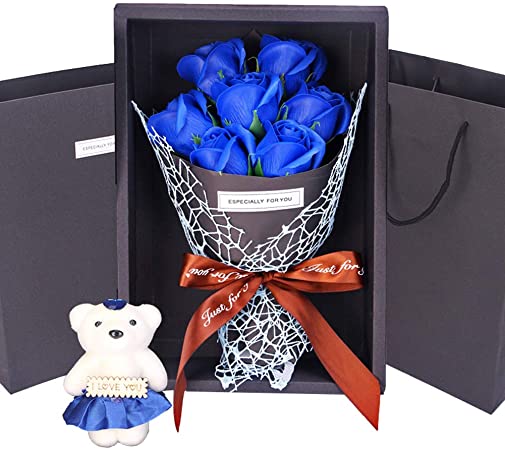 Acamifashion 1 Bouquet Artificial Soap Rose Flower Bear Mothers Day Birthday Wedding Gift - Blue