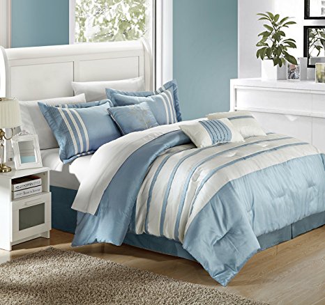 Chic Home Torino Pleated Piecing Luxury Bedding Collection 7-Piece Comforter Set, Queen, Blue