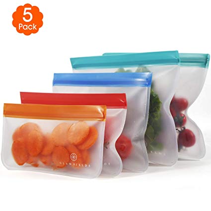 Reusable Storage Bags for Food, FDA Food Grade PEVA Ziplock Bags, Leakproof and Fresh for Snacks, Fruits, Lunch, Sandwiches, Washable and Reusable, Extra Thick for Organization (Pack of 5, 4 Sizes)