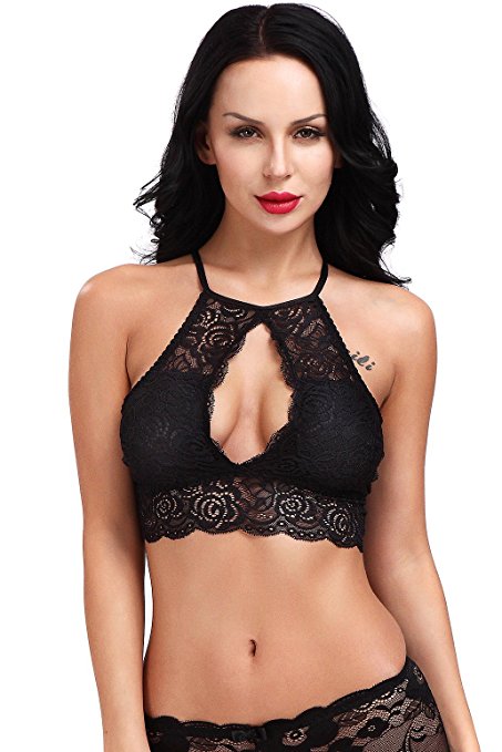 BellisMira Women's High-Neck Halter Lace Bralette with Keyhole In Front And Back