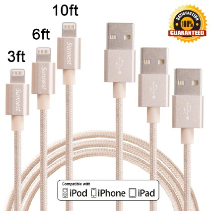 Sunnest 3Pack 3FT 6FT 10FT 3IN1 Tangle Free Nylon Braided 8 Pin Lightning Cable USB Charging Cord with Aluminum Connector for iPhone 6/6s/6 plus/6s plus, 5c/5s/5, iPad Air/Mini,iPod Nano/Touch(Golden)