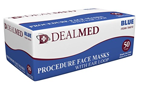 Dealmed Disposable Latex Free Blue Medical Face Mask with Ear Loops, 50 Per Box