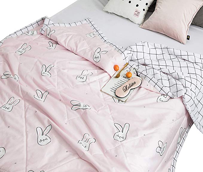 J-pinno Pink Rabbit Bunny Check Quilted Comforter Full for Kids Boys Girls Bed Couch Sofa Blanket Coverlet (26, Twin 59" X 78")