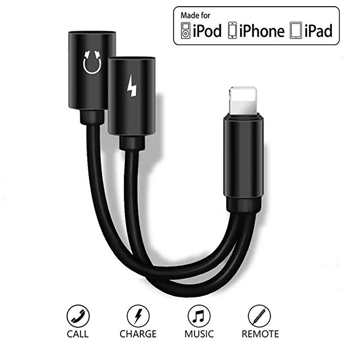 Lightning Jack Headphone Adapter Dongle for iPhone 7/7Plus iPhone 8/8Plus X Dual 2 in 1 Splitter Converter Charger Audio Volume control Earphone Aux Accessories Cable Support iOS 11.2 or later-Black