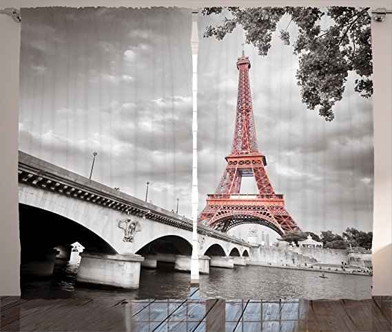 Ambesonne Paris City Decor Collection, Eiffel Tower Bridge Capital City Cloudscape Monochrome Selective Colorization Picture, Living Room Bedroom Curtain 2 Panels Set, 108 X 84 Inches, Cloudy Grey