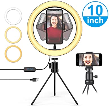 10" LED Ring Light with Tripod Stand, Dimmable Selfie Ring Light with 3 Light Modes & 10 Brightness, Desktop Ring Light Live Streaming Circle Light for Youtube Video Photography, USB Powered