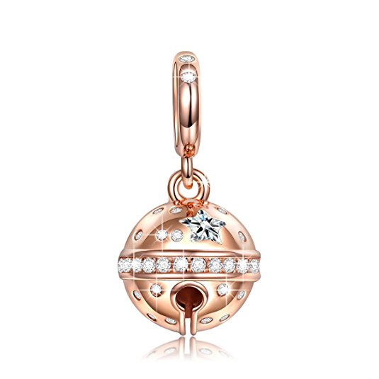 NinaQueen "Jingle Bells" 925 Sterling Silver Rose Gold Plated Clear Zirconia Charms, a great gift for Mom, Wife, Girlfriend, daughter and friends on Birthday, Anniversary, Valentines day, Graduations, Thanksgiving Day and Christmas Day.