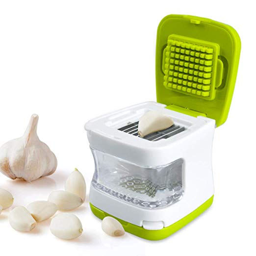 Garlic Cube Press, Easy Mini Chopper Crusher, Dicer and Slicer, Durable Plastic with Stainless Steel Blades, Green and White, Kitchen Cutter Tool