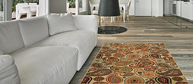 Maxy Home Anti-Bacterial Rubber Back AREA RUGS Non-Skid/Slip 3x5 Floor Rug | Ivory Paisley Floral Indoor/Outdoor Thin Low Profile Living Room Kitchen Hallways Home Decorative Traditional Rug