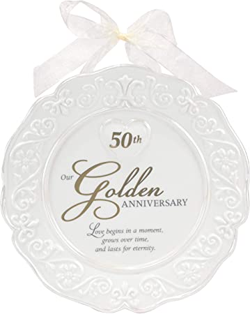 Malden International Designs Glazed Ceramic 50th Anniversary Plate With Gold Accents And Ribbon For Hanging, 9x9, White