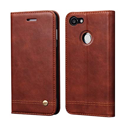 Google Pixel 2 XL Case,RUIHUI Luxury Leather Wallet Folding Flip Protective Case Cover with Card Slots,Kickstand Feature and Magnetic Closure for Google Pixel 2 XL 2017 Release (Brown)