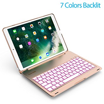 iPad Pro 10.5 Keyboard Case 2017 - LED 7 Colors Backlit, Ultra Slim and Aluminum Alloy & 130° Rotating Folio Case Cover- (for model A1701/A1709 ) - Gold